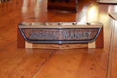 Desk plaque and business card holder for my son. Walnut, zebrawood, maple, sapele and 3D printed letters in nickel steel.