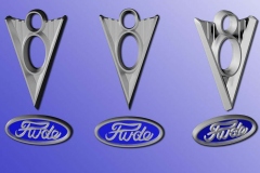 "Rude" name emblem done in Ford style, along with vintage V8 emblem, 3D printed in nickel for custom cane.