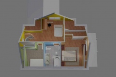 One of 2 house remodel visualization models, created in AutoCAD. Conversion of attic space into living quarters.