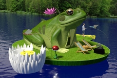 Frog themed floating campsite. Frog is tent, sleeping quarters in head.