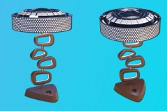 50's themed lamp, using hubcap/perforated metal shade as done on automotive lamps. 3ds Max. Wooden base, with routed out inset in each element, strip LED's inserted.