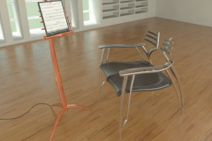 Ribbed chair and wooden music stand concept, holding electronic music book idea from 1989. 3ds Max.