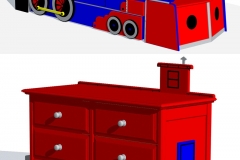 AutoCAD model of train trundle bed and caboose themed dresser. For blueprint production.