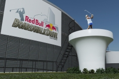 3ds Max render showing giant tee driving platform concept, for Red Bull "Boardwalk Drive" event.