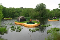 Concept visualization of floating greens re-purposed as camping islands. For Aquagreens.