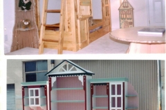 Small clubhouse bed, tree shelf and cabin lamp, Victorian themed desk/dresser and hutch set.