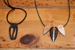 Pair of wood necklaces made as gifts. On 2 types of cord.