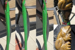 First walking stick, made for my son when he was 4. Golden leopard frog on cat-tail.